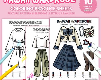 Kawaii Wardrobe Coloring Practice Sheets: Texture & Blending (PDF)