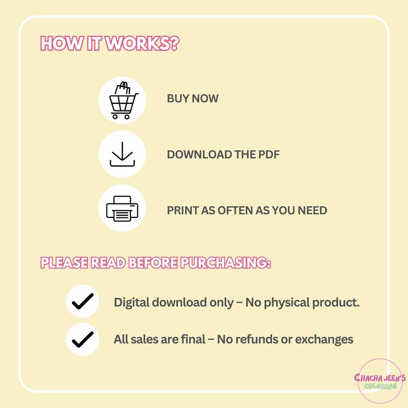 May include: A digital download infographic explaining how to purchase and download a printable PDF. The infographic includes a shopping cart icon, a download arrow, and a printer icon. The text reads "How it works? Buy now, Download the PDF, Print as often as you need. Please read before purchasing: Digital download only - No physical product. All sales are final - No refunds or exchanges."