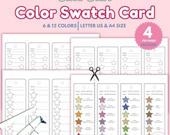 Op de afbeelding: Een verzameling afdrukbare kleurstalenkaarten met de tekst "Cute Star Color Swatch Card". De kaarten bevatten ruimtes voor merk- en serienamen, stervormen en kleurstalen. Het ontwerp bevat 6 & 12 kleuren, Letter US & A4 formaat en 4 PDF-pagina's.