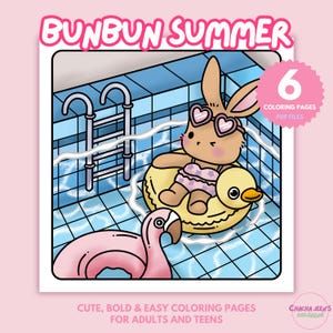 Bunbun Summer Coloring Pages - Cute Bunny Pool Day | Kawaii Summer PDF | Easy Coloring Book for Teens & Adults | Instant Download