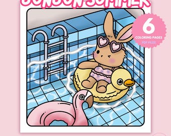 Bunbun Summer Coloring Pages – Kawaii Bunny Pool Day (PDF)