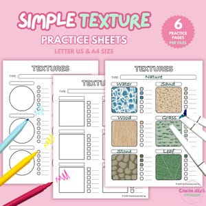 Könnte beinhalten: Sechs druckbare Übungsbögen zum Zeichnen verschiedener Texturen. Die Bögen enthalten Beispiele für Wasser, Holz, Stein, Sand, Gras und Blätter. Jedes Blatt trägt den Titel "Texturen" und einen Abschnitt zum Zeichnen mit Linien und Kreisen.