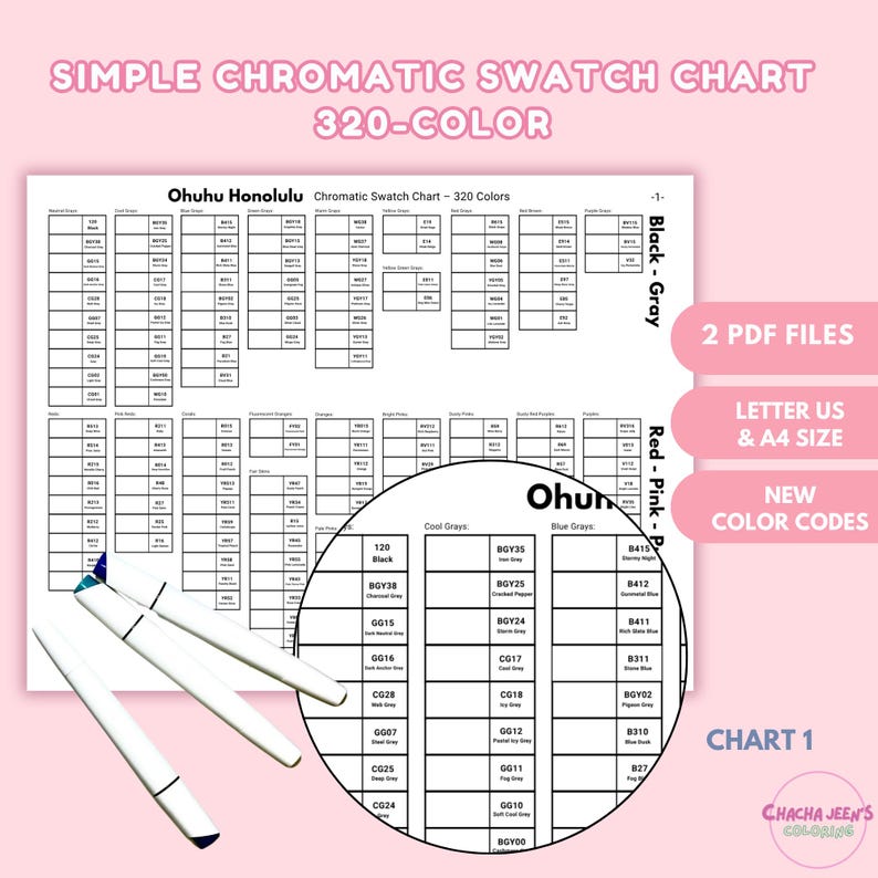 320 Color Chart Ohuhu Honolulu 320 Marker Swatch Chart: New Color Codes (PDF Digital ...