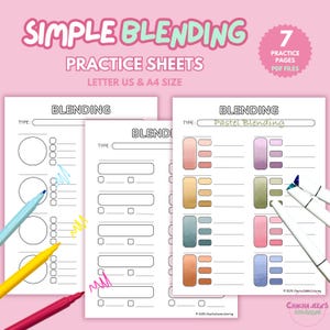 May include: Three printable blending practice sheets for artists. The sheets feature different shapes and color palettes for practicing blending techniques. The sheets are labeled "Blending", "Pastel Blending", and "Blending".