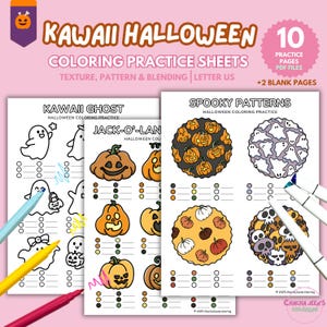 May include: Kawaii Halloween coloring practice sheets with ghost and pumpkin illustrations. Includes 10 practice pages and 2 blank pages. The sheets feature texture, pattern, and blending exercises for Halloween-themed coloring.