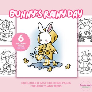 May include: Six coloring pages featuring a bunny wearing a yellow raincoat and boots, walking in a puddle with ducklings. The title "Bunny's Rainy Day" is at the top of the page.