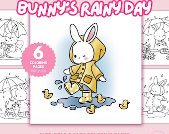 Bunny Rainy Day Coloring Pages: 6 Kawaii Doodles (PDF)