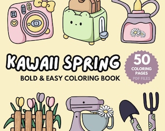 May include: Kawaii Spring: Bold & Easy Coloring Book with 50 coloring pages.  The cover features illustrations of a pink camera, a green toaster, a watering can with flowers, a fence with flowers, a stand mixer with a flower, a garden trowel, and a fork.