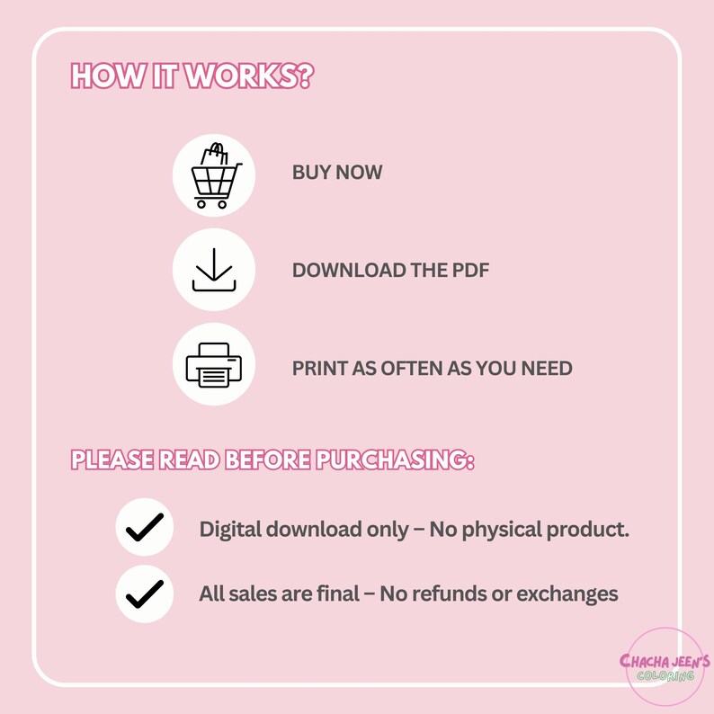 May include: A pink and white graphic with the text "HOW IT WORKS?" and three icons: a shopping cart, a download arrow, and a printer. Below the icons is the text "PLEASE READ BEFORE PURCHASING:" followed by two checkmarks and the text "Digital download only - No physical product." and "All sales are final - No refunds or exchanges".