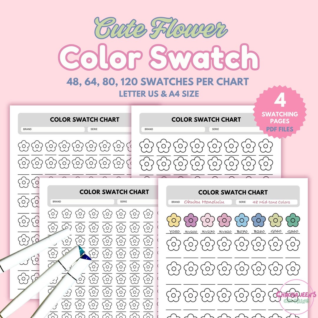 Cute Flower Color Swatch Sheet, 48, 64, 80, 120 Swatches, Printable PDF ...
