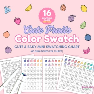 Muestrario de colores de frutas, muestras de colores en blanco, hojas de marcadores, organizador de paletas para libros de colorear e ilustraciones.