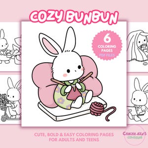 Cozy Bunbun, Kawaii Cozy Coloring Pages for Adults | 6 Cute Aesthetic Printable Doodles | Relaxing & Fun Hand-Drawn Art for Instant Download