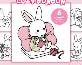 Przytulny Bunbun, Kawaii Przytulne Kolorowanki dla Dorosłych | 6 Uroczych Estetycznych Do Wydrukowania Doodles | Relaksująca i Zabawna Ręcznie Rysowana Sztuka Do Natychmiastowego Pobrania