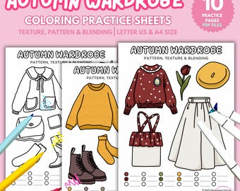 May include: A set of coloring practice sheets titled "Autumn Wardrobe" with illustrations of fall clothing items. The sheets include a jacket, sweater, boots, skirt, and accessories. The text reads "Texture, Pattern & Blending".