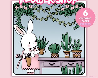 Kawaii Bunny Coloring Pages: Spring Flower Shop Doodles (PDF)