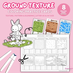 Puede incluir: Un conjunto de tarjetas de práctica de colorear rosas titulado "GROUND TEXTURE" con ilustraciones de hierba, tierra y agua. El conjunto incluye páginas de práctica y archivos PDF. Se presenta un conejito de dibujos animados y patos, junto con rotuladores y tijeras.