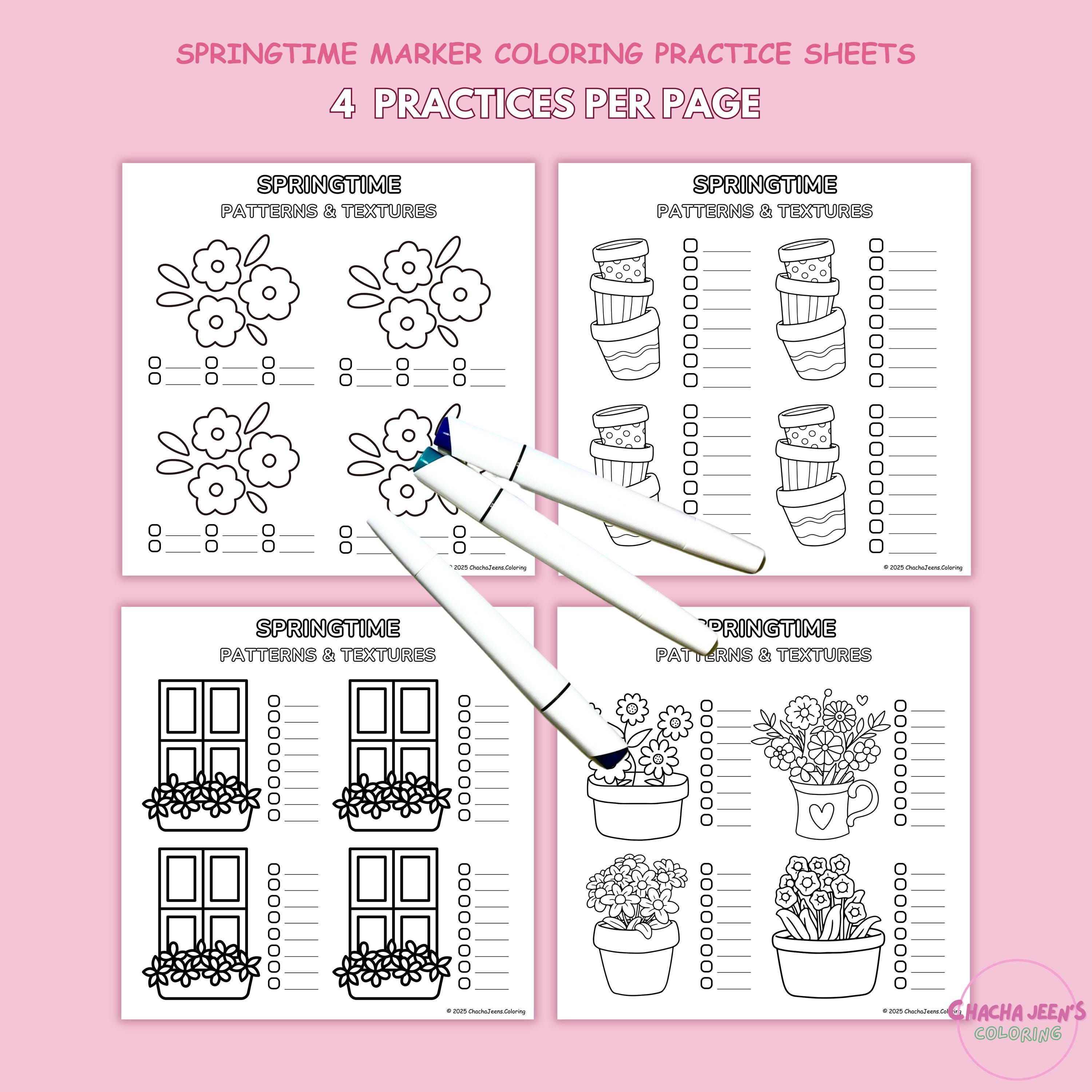 Springtime Kawaii Coloring Practice Sheets: Marker Texture Chart (PDF ...