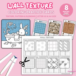 Puede incluir: Un fondo rosa presenta un conjunto de tarjetas de práctica de coloreado titulado "WALL TEXTURE". El conjunto incluye tarjetas con varias texturas, un conejito en una bañera y marcadores. El texto incluye "COLORING PRACTICE CARDS" y "8 PRACTICE PAGES PDF FILES".