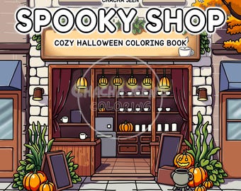Spooky Shop Coloring Pages: Haunted Halloween Storefronts (PDF Download)