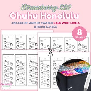 Scheda campione di pennarelli Ohuhu Honolulu da 320 colori, fogli da colorare con fragole e etichette, simpatici campioni di colori, modello stampabile in PDF