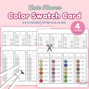 Schede di campioni di colore con fiori carini, 6 e 12 colori, schede di campioni di colore stampabili, fogli di campioni di colore vuoti in formato PDF, tabella dei colori con pennarelli ad alcol