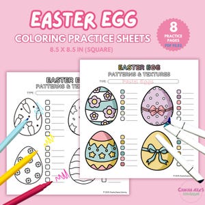 May include: Printable Easter egg coloring pages with patterns and textures.  The pages feature pastel colored eggs with different designs.  The text on the page says "Easter Egg Patterns & Textures" and "Pastel Eggs".