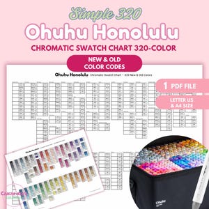 Puede incluir: Una descarga digital que presenta una tabla de muestras cromáticas con 320 colores, etiquetada como "Ohuhu Honolulu". La tabla incluye códigos de color nuevos y antiguos y está disponible en tamaños Carta y A4. Se ve una funda de transporte negra.