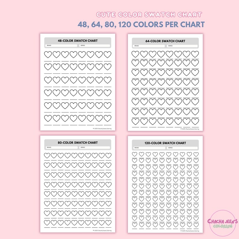 Heart Color Chart Heart Color Swatch Chart, 48-120 Swatches, A4 Letter Size (printable ...