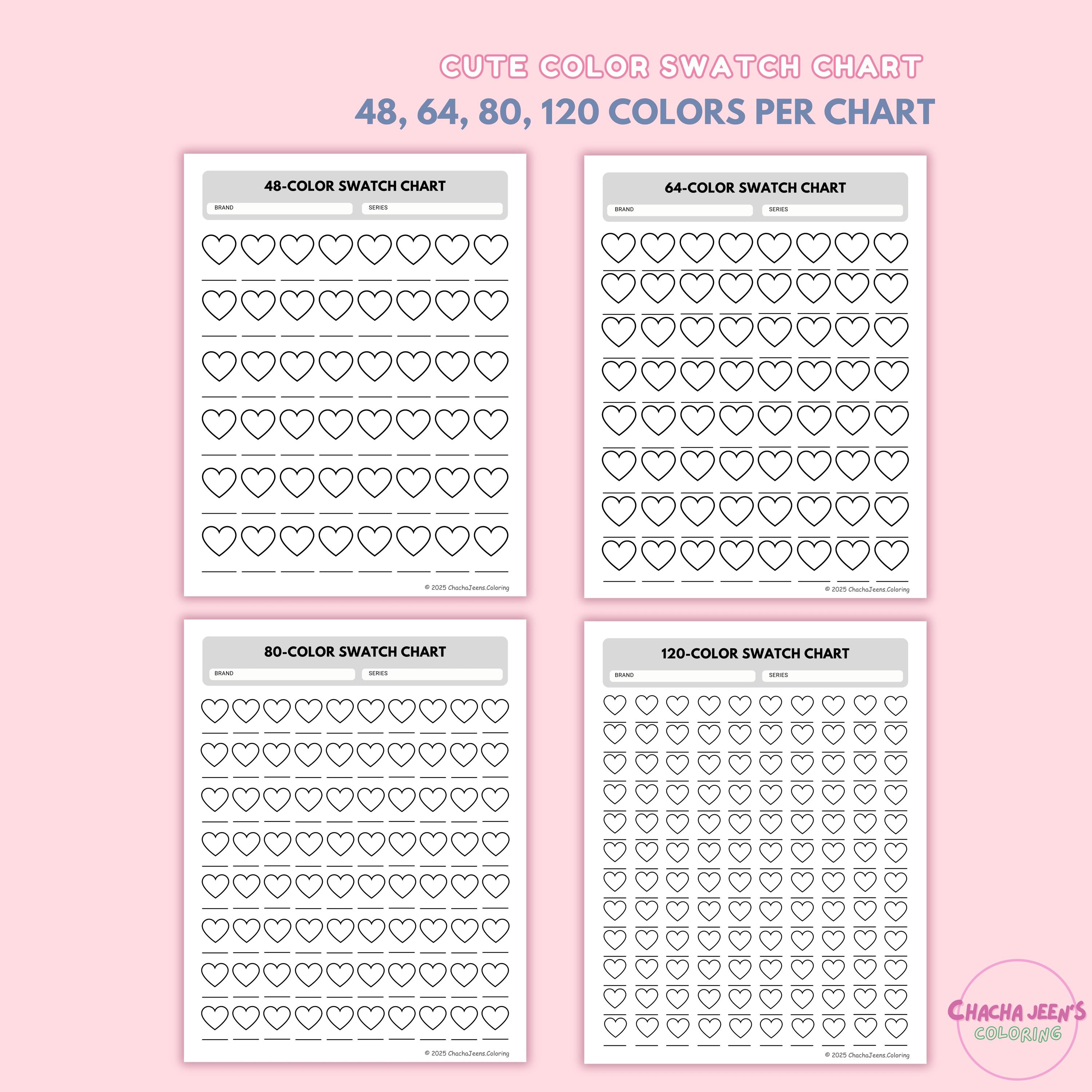 Cute Heart Color Swatch Sheet, 48, 64, 80, 120 Swatches, Printable PDF ...