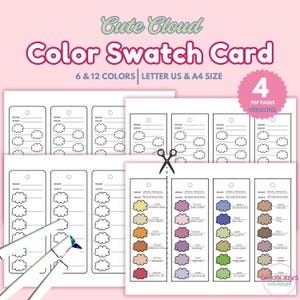 Carine schede di campioni di colore a forma di nuvola, 6 e 12 colori, schede di campioni di colore stampabili, fogli di campioni di colore vuoti in formato PDF, tabella dei colori per pennarelli ad alcol