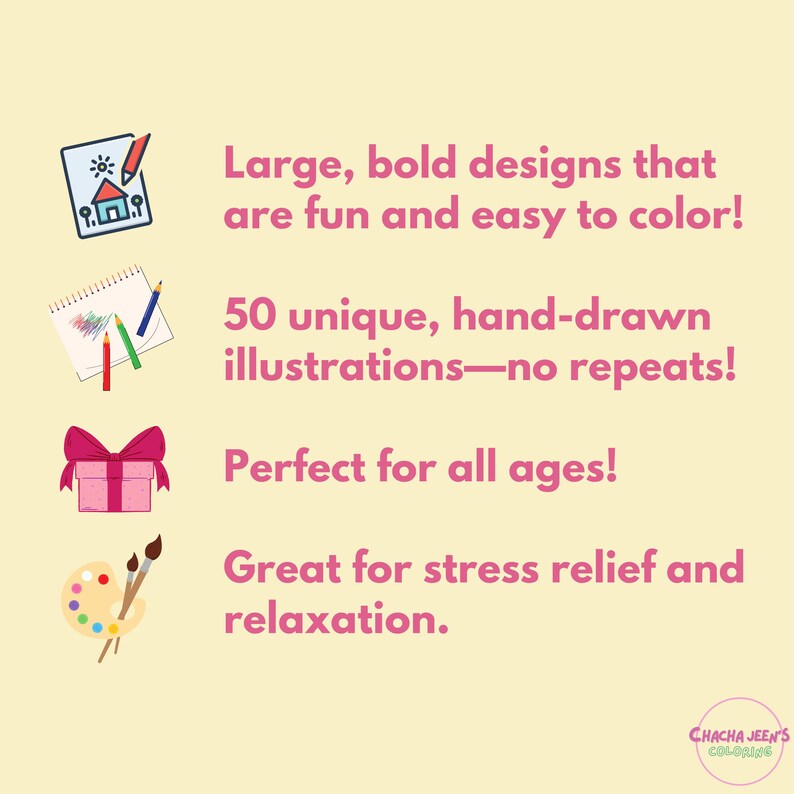May include: A set of 50 unique, hand-drawn coloring pages featuring large, bold designs. The illustrations are perfect for all ages and can be used for stress relief and relaxation.