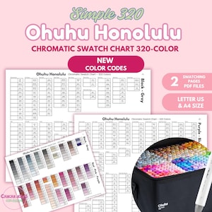 May include: An image promoting the Ohuhu Honolulu 320-colour chromatic swatch chart. It features printed swatch pages, a colour palette, and a black carrying case filled with colourful markers. Text includes "Simple 320", "New Color Codes", and "Letter US & A4 Size".