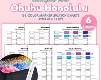 Tablas de muestras de marcadores Ohuhu Honolulu 168: A4 y carta (PDF imprimible)