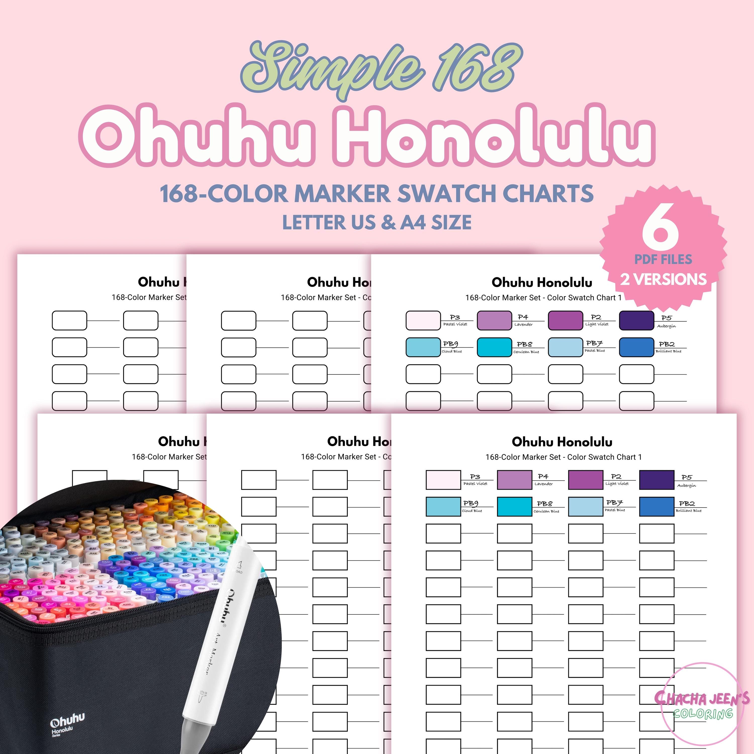 Ohuhu Honolulu 168 Marker Swatch Charts: A4 & Letter (printable