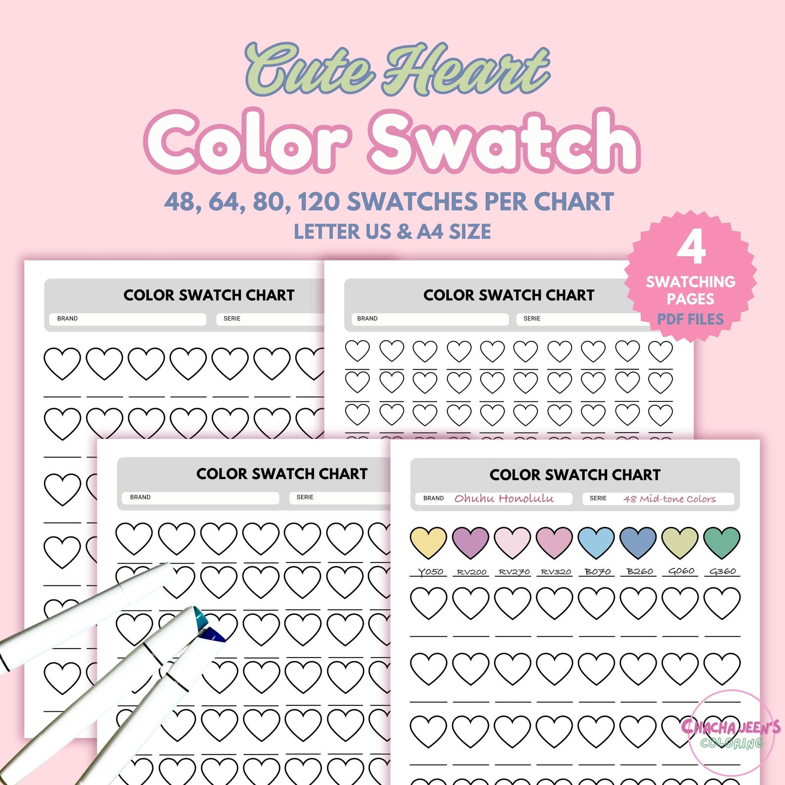 Cute Heart Color Swatch Sheet, 48, 64, 80, 120 Swatches, Printable PDF ...