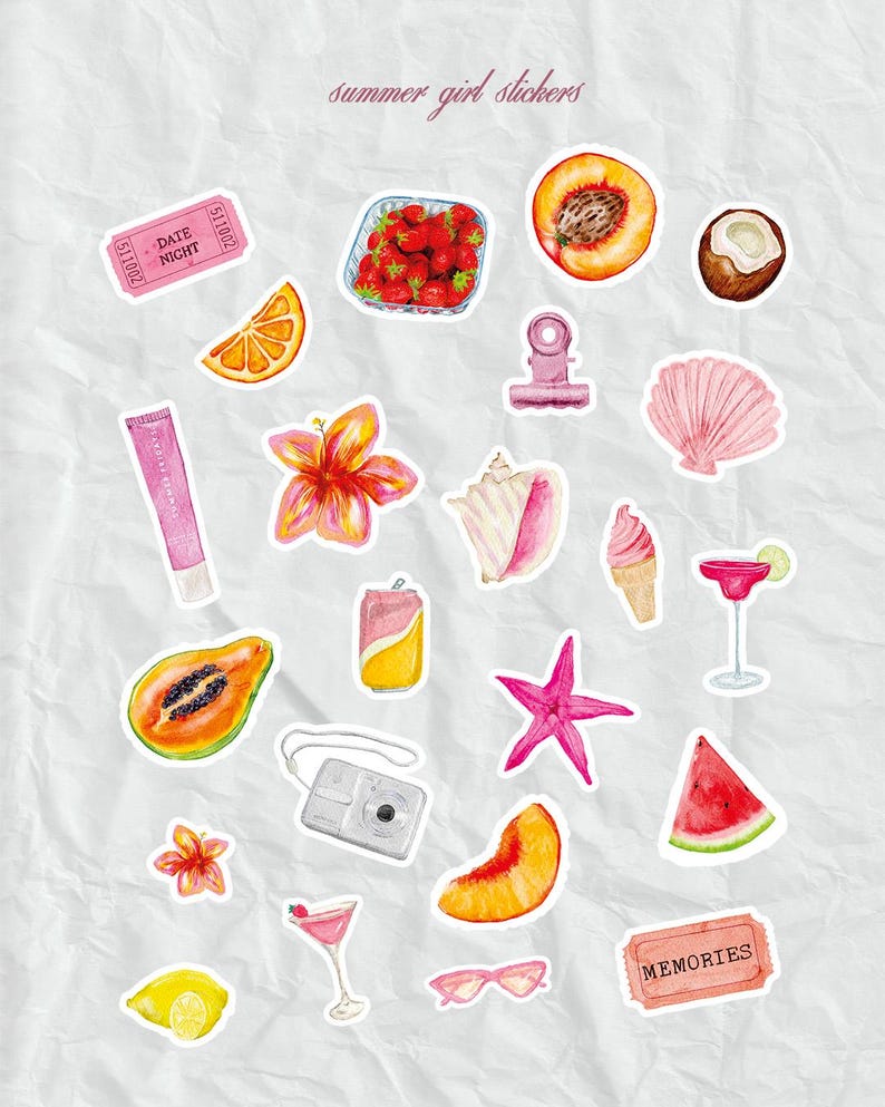Może przedstawiać: Zbi&oacute;r naklejek akwarelowych o tematyce letniej. Naklejki zawierają owoce, koktajle, aparat fotograficzny i muszle. Tekst "summer girl stickers" jest napisany na g&oacute;rze.