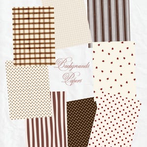 May include: A collection of patterned papers in various designs, including plaid, polka dots, stripes, and stars. The papers are in shades of brown, cream, and white. The text "Backgrounds Papers" is displayed in a decorative font.