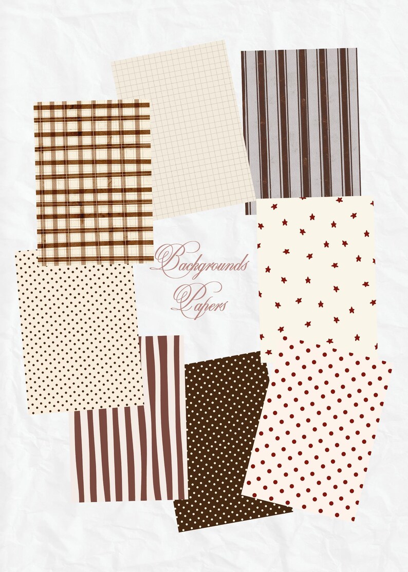 May include: A collection of patterned papers in various designs, including plaid, polka dots, stripes, and stars. The papers are in shades of brown, cream, and white. The text "Backgrounds Papers" is displayed in a decorative font.