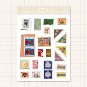 May include: A sticker sheet featuring a collection of vintage postage stamps in various shapes, sizes, and colors. The stamps display diverse imagery including animals, flowers, trains, and abstract art, with some text visible in multiple languages.