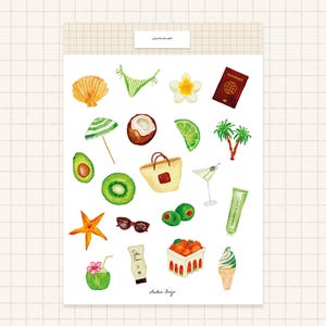 Summer plage stickers, olives cocktails seashell palmtree stickers, beach vibe moodboard for journaling girl and junkjournal