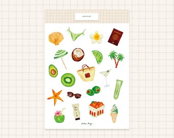 Summer beach stickers, olives cocktails seashell palmtree stickers, beach vibe moodboard for journaling girl and junkjournal