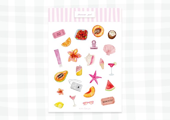 Summer planche stickers, hot girl summer, summer vibe, pinterest it girl summer 2025, stickers pour journaling clean girl fruit stickers