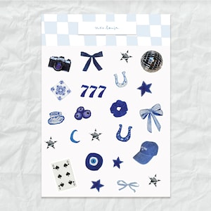 Planche de stickers bleu lucky girl, autocollants aquarelles aesthetic pour journaling vintage retro lucky era syndrome planner