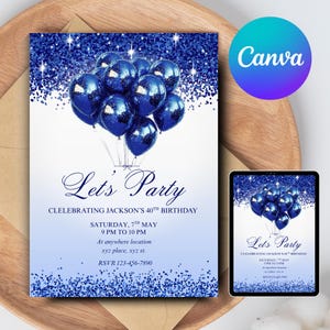Convite de aniversário azul royal editável para homens, convite para festa de aniversário azul para impressão, modelo de convite com texto e balões elegantes