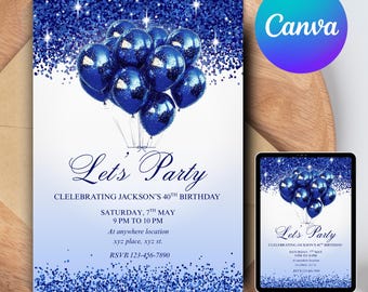 Editable royal Blue  Birthday Invitation for Men, Printable  Blue Birthday Party Invitation, Classy Balloons Text Invite Template