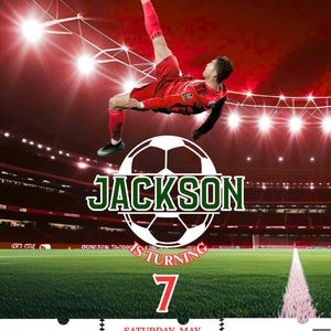 May include: Football-themed birthday invitation in red and green. The design includes a player kicking a ball, the name "Jackson", and event details such as the date, time, and RSVP information. The text "IT'S GAME TIME" is at the top.