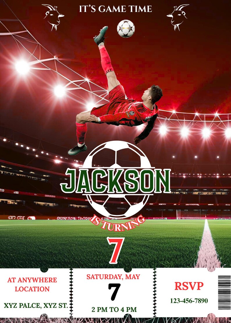 May include: Football-themed birthday invitation in red and green. The design includes a player kicking a ball, the name "Jackson", and event details such as the date, time, and RSVP information. The text "IT'S GAME TIME" is at the top.