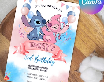 Stitch and Angel Birthday Invitation: Editable & Printable Template – Beautiful Invitation for Your Little One's Birthday, Editable in Canva