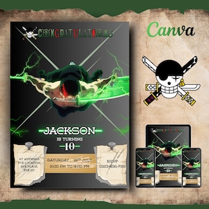 Printable Birthday Invitation, Anime Pirate Birthday Invitation, Editable Swordsman Invitation, Kids Birthday Invitation, Pirate Adventure