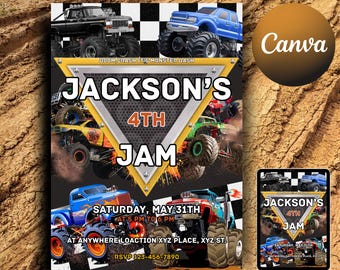 Editable Monster Truck Birthday Invitation Template For Boys, Thank You Tags & kids Phone Invitation, Trucks Birthday Invite, Digital Evite